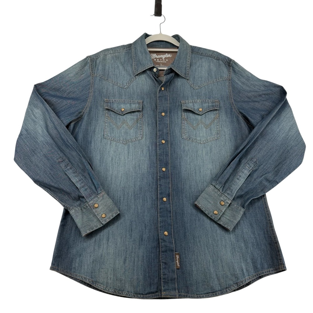 Wrangler Retro Premium Western Snap 100% Cotton Denim Shirt Mens Large Blue
